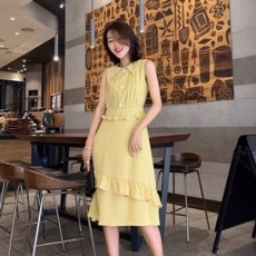 디올 2019 SS 프릴 카라 민소매 여성 원피스