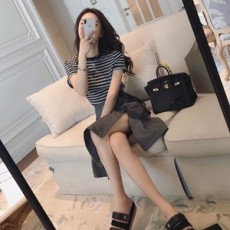 산드라 2019 SS 스트라이프 반팔티 벨트 치마 여성 세트