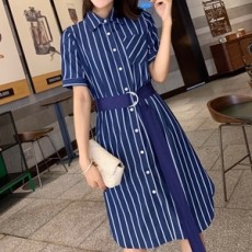 디올 2019 SS 스트라이프 반팔 카라 여성 원피스