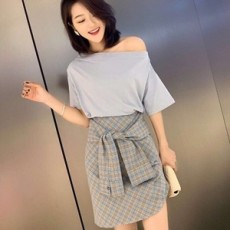 디올 2019 SS 러플 반팔티 체크 치마 여성 세트