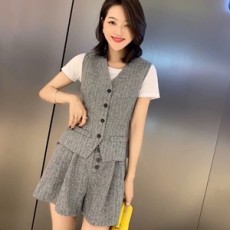 디올 2019 SS 반팔티 스트라이프 조끼 반바지 여성 세트