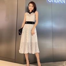 디올 2019 SS 땡땡이 리본벨트 주름 여성 원피스