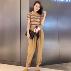 버버리 2019 SS 스트라이프 반팔티 바지 데일리룩 여성 세트