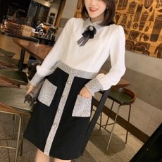샤넬 2019 SS 투톤 리본 카라 하객룩 여성 원피스