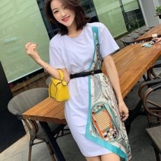 에르메스 2019 SS 라운드넥 반팔 롱티 스카프 데일리룩 여성 원피스