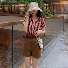 샤넬 2019 SS 니트 반팔 상의 벨트 반바지 데일리룩 여성 세트