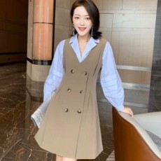 디올 2020 SS 카라 긴팔 셔츠 주름 여성 원피스