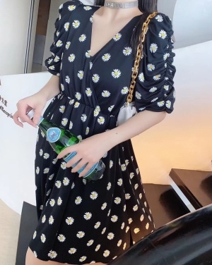 샤넬 2020 SS 플라워 프릴 반팔 여성 원피스