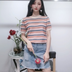 샤넬 CHANEL 2020 SS 스트라이프 니트 반팔티 청치마 여성 세트