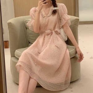 사넬 CHANEL 2020 SS 프릴 카라 리본 퍼프 소매 여성 원피스