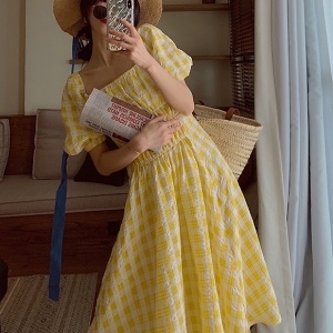 샤넬 CHANEL 2020 SS 체크 프릴 퍼포소매 여성 원피스