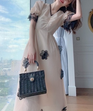 샤넬 CHANEL 2020 SS 플라워 레이스 퍼프소매 여성 원피스