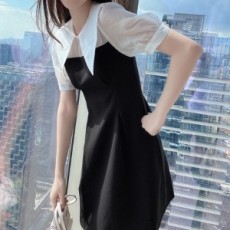 디올 DIOR 2020 SS 카라 투톤 퍼프소매 여성 원피스
