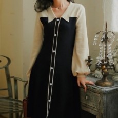 샤넬 CHANEL 2020 투톤 카라 라인 단추 여성 원피스