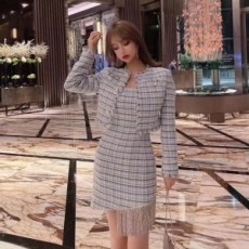 샤넬 CHANEL 2020 SS 큐빅태슬 체크 자켓 원피스 여성 세트