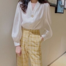 디올 DIOR 2020 SS 퍼프소매 블라우스 체크 바지 여성 세트