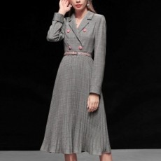 샤넬 CHANEL 2020 SS 체크무늬 주름 벨트 여성 원피스