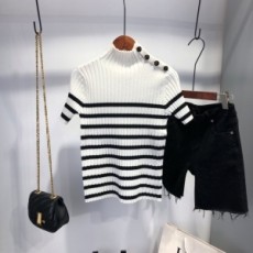 디올 DIOR 2021 SS 스트라이프 단추로고 여성 니트 반팔티 커스텀급