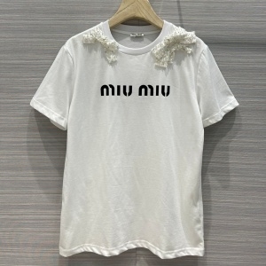 미우미우 MOUMIU 2021 SS 진주리본 로고 여성 반팔티 커스텀급
