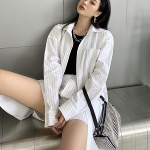 알렉산더왕 ALEXANDER WANG 2021 SS 스트라이프 카라 롱셔츠 반바지 여성 세트 커스텀급