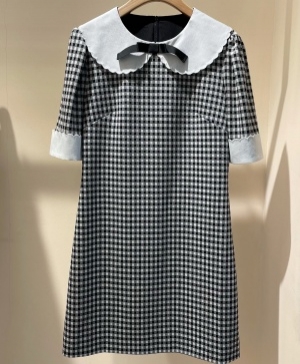 미우미우 MIUMIU 2021 SS 체크 카라 리본 여성 원피스 커스텀급