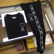 애미 AMI 2021 SS 캐릭터 로고 자수 라인 남성 반팔티 바지 세트 커스텀급