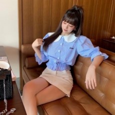 미우미우 MIUMIU 2021 SS 체크 카라 프릴 여성 블라우스 커스텀급
