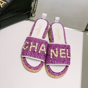 샤넬 CHANEL 2021 SS 체인 로고 트위드 퍼플 여성 슬리퍼 샌들 커스텀급