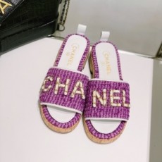 샤넬 CHANEL 2021 SS 체인 로고 트위드 퍼플 여성 슬리퍼 샌들 커스텀급