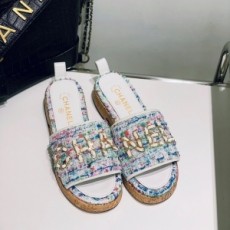 샤넬 CHANEL 2021 SS 체인 로고 트위드 멀티 화이트 여성 슬리퍼 샌들 커스텀급