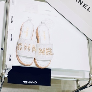 샤넬 CHANEL 2021 SS 체인 로고 트위드 화이트 여성 슬리퍼 샌들 커스텀급