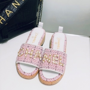 샤넬 CHANEL 2021 SS 체인 로고 트위드 핑크 여성 슬리퍼 샌들 커스텀급