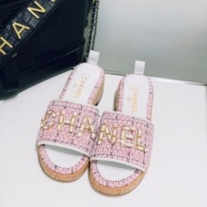 샤넬 CHANEL 2021 SS 체인 로고 트위드 핑크 여성 슬리퍼 샌들 커스텀급