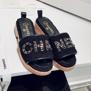 샤넬 CHANEL 2021 SS 체인 로고 트위드 블랙 여성 슬리퍼 샌들 커스텀급