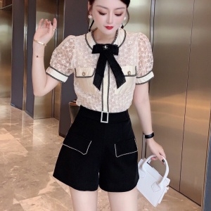 샤넬 CHANEL 2021 SS 포켓 리본 여성 블라우스 반바지 세트 커스텀급