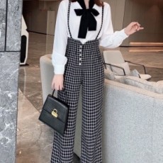 샤넬 CHANEL 2021 SS 끈리본 셔츠 상의 체크 하의 여성 세트 커스텀