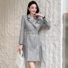 발망 BAIMAIN 2021 SS 카라 체크 벨트 주름 여성 원피스 커스텀