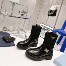 프라다 PRADA 2021 SS 버클 삼각로고 투톤 레더 블랙 여성 쇼트부츠 커스텀