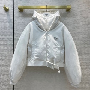 프라다 PRADA 2021 SS 삼각로고 후드 벨트 화이트 여성 패딩 커스텀급