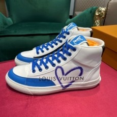루이비통 LOUIS VUITTON 2021 SS 캐릭터 로고 화이트블루 하이탑 커플 슈즈 커스텀급