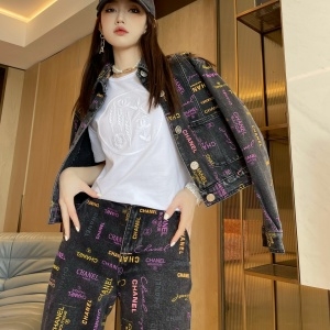 샤넬 CHANEL 2022 SS 캐릭터 로고 데님 여성 자켓 반바지 바지 세트 커스텀급