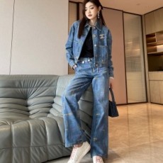 샤넬 CHANEL 2022 SS 캐릭터 로고 청 데님 여성 자켓 바지 세트 커스텀급